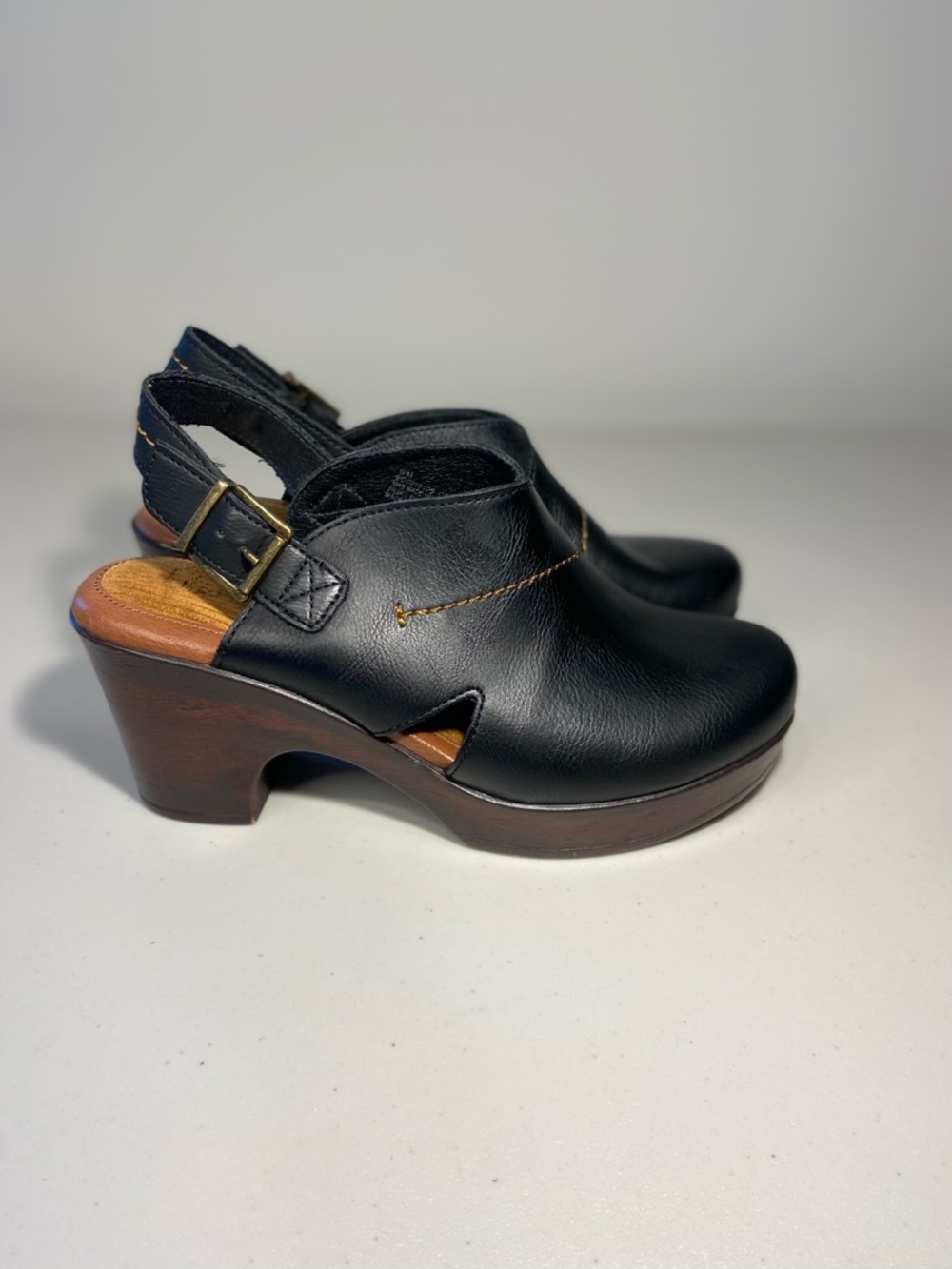 b.o.c. Black Leather Slingback Clogs with Wood-Tone Heel